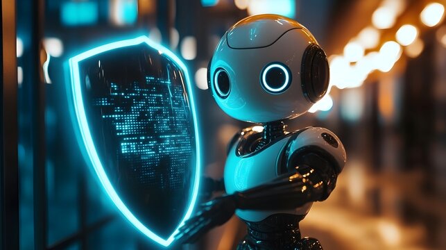 A privacy conscious robot holding a glowing futuristic shield to protect a user s personal data from incoming streams of surveillance and cyber threats  The robot serves as a digital guardian
