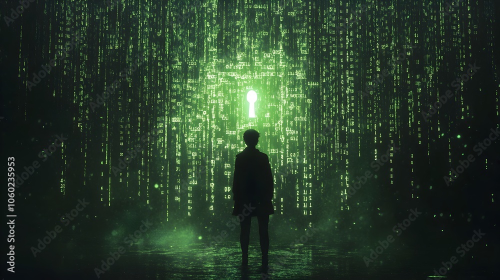 Poster hacker standing in dark room facing a wall of encrypted digital data with green code raining down bu