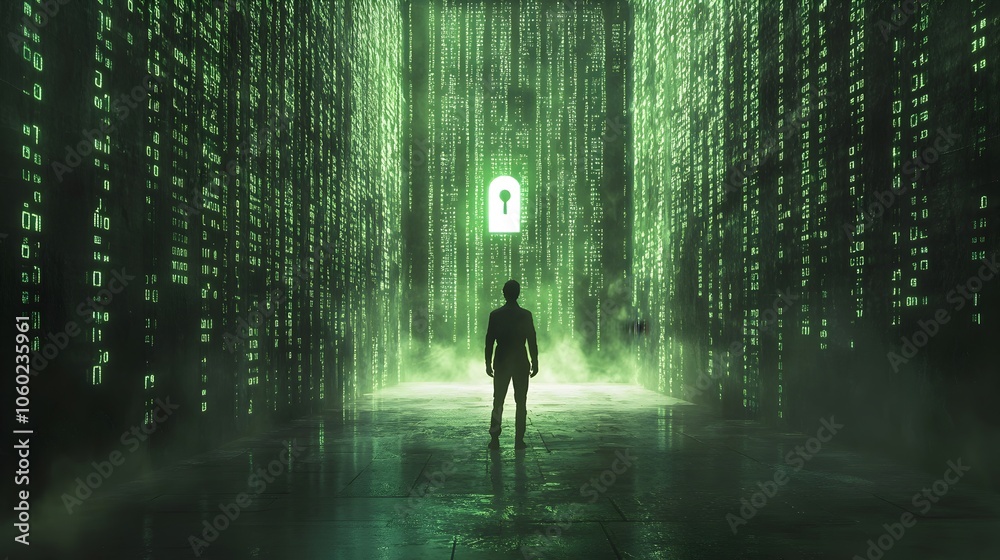 Poster hacker in a dark room confronting a wall of encrypted data with a bright impenetrable lock in the ce