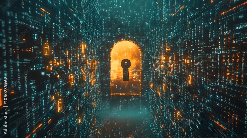 Poster keyhole in the center of a vast digital matrix with tiny padlocks locking and unlocking as informati