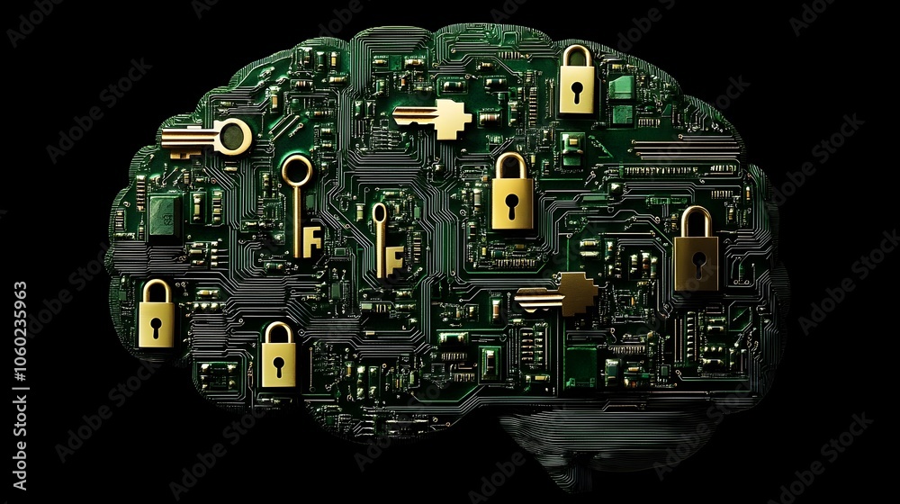 Poster secure digital brain protecting the sanctity of the mind through intricate circuit board patterns an
