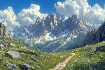 Obraz premium Majestic Mountain Trail with Wildflowers and Cloudy Sky