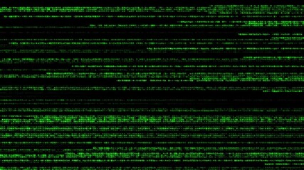 Green code in matrix style moving horizontally from right to left. Digital animation background.