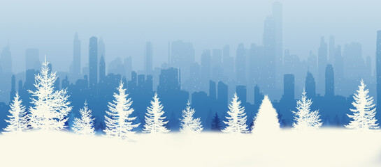 winter city skyline view from park trees holiday banner