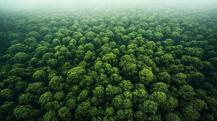 Aerial view of dense green forest canopy with vibrant tree tops creating a lush and continuous pattern under a light misty atmosphere