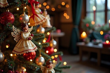 Cozy Hungarian Christmas tree decorated with straw angels, traditional glass ornaments, and...