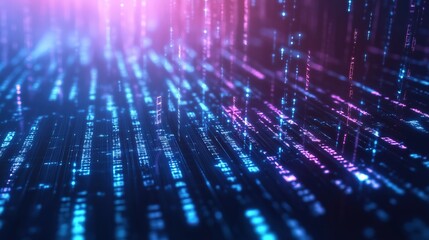 Digital abstract background representing AI and data, holographic binary codes flowing across a dark matrix