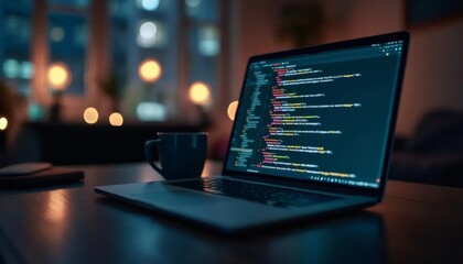 A laptop displaying code on a wooden table with a coffee mug beside it