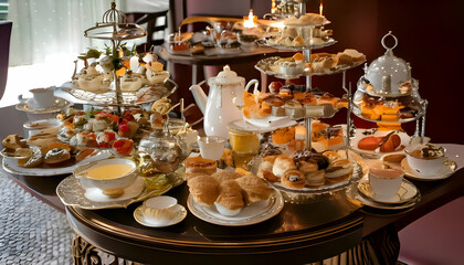 Elegant high tea setups with finger foods.