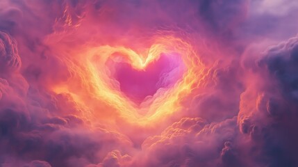 Valentines heart glowing in the middle of a dreamy cloudscape, surrounded by pink, purple, and gold clouds