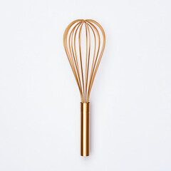 A metallic hand whisk for mixing on solid white background, single object