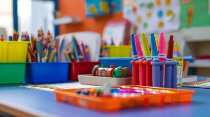 A handson learning area with various materials for practicing writing such as whiteboards markers and flashcards.