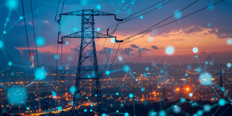 Electricity Transmission Tower with Network Overlay" | "Power Lines Over City with Digital Network Effect