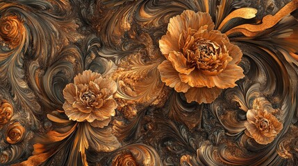 A vibrant, swirling abstract design featuring stylized flowers in rich orange and brown hues.