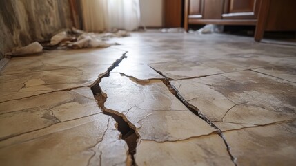 Cracks forming on the floor tiles as the foundation of the home begins to sink
