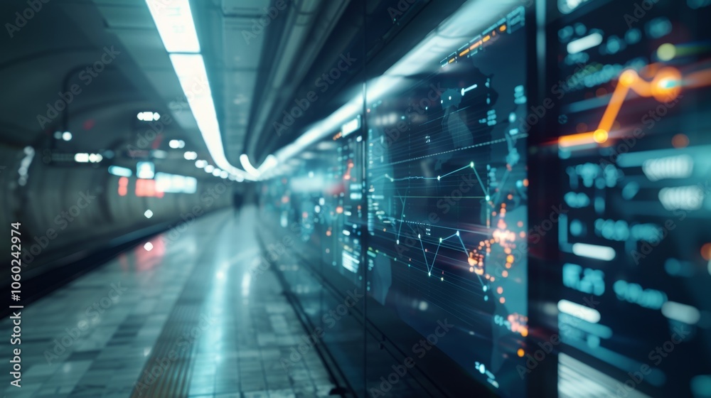 Poster transparent digital displays in a futuristic subway station are showing global data, charts, and sta