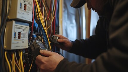Electricians are inspecting a home for a potential short circuit in the electrical wiring using specialized equipment