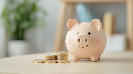 cheerful piggy bank sits on wooden table surrounded by coins, symbolizing savings and financial growth. This conveys sense of security and prosperity