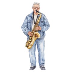 Naklejka premium Watercolor Illustration of a Senior Man Playing Saxophone.