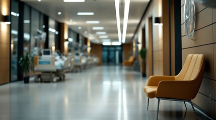 Fototapeta premium Modern hospital corridor with yellow chair, wall lamps, and medical equipment, illustrating a clean and professional healthcare environment