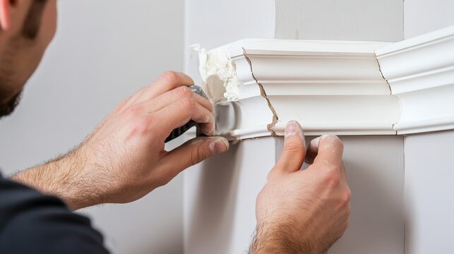 Expert technician repairing broken corner moldings