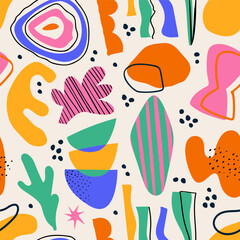 Various Hand drawn Shapes and Doodle objects. Colorful Abstract contemporary modern trendy Vector Seamless pattern. Wallpapers. Perfect for textile prints