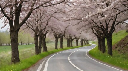 Winding country road lined with blooming cherry trees