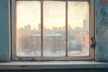 Fototapeta premium urban water damage, a loft apartment with a tranquil interior setting, featuring minor water damage on a window sill overlooking a bustling cityscape