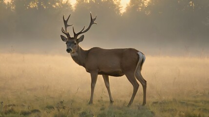 Obraz premium Wild deer grazing in a misty meadow at sunrise