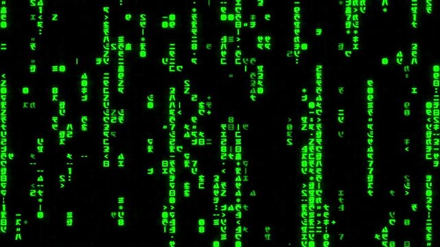 Matrix style green code falling to a high speed and filling the screen blinking. Animation digital background.