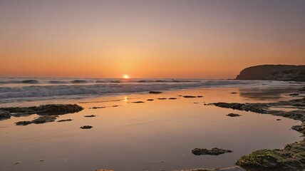 Obraz premium Sunset over a beach with tide pools reflecting the orange sky