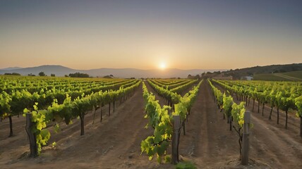Fototapeta premium Scenic vineyard at sunrise with rows of grapevines