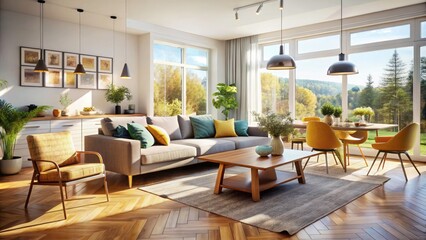 Bright Scandinavian Open Space: Stylish Living and Dining Room with Design Sofa, Family Table, and Large Windows for Natural Light