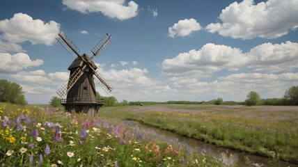 Fototapeta premium Old wooden windmill in a field of blooming wildflowers