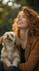 Photo of a woman with curly red hair, 45 years old, sitting on a park bench with a small, fluffy dog on her lap. The woman is laughing, and the dog is gazing up at her. The park ba