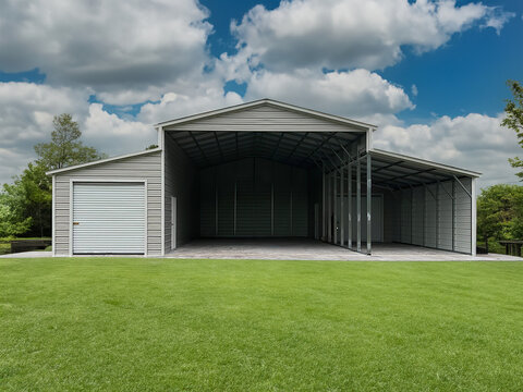 3d illustration of metal building storage with natural background.