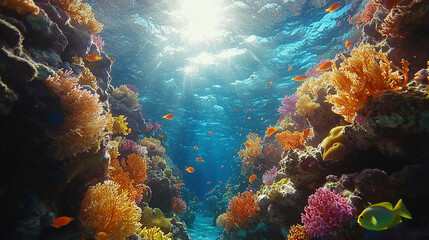 Obraz premium Underwater Coral Reef Scene with Colorful Fish and Sunlight