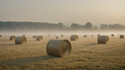 Foggy morning over a field with hay bales