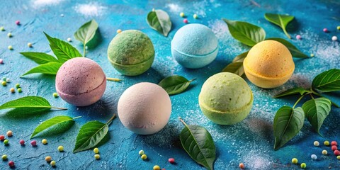 Colorful Natural Bath Bombs Surrounded by Leaves on Textured Blue Background - Relaxing Spa Aesthetic, Aromatherapy, Self-Care, Eco-Friendly Wellness, Vibrant Colors, and Natural Ingredients