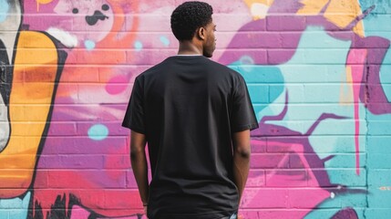 A young man stands in front of a colorful graffiti wall, looking back over his shoulder.