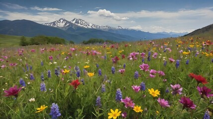 Fototapeta premium A field of vibrant wildflowers with a mountain in the background