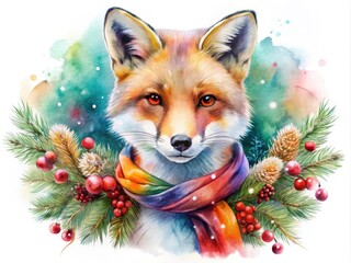 Obraz premium Cute Fox in Winter Scarf - Vibrant Christmas Character Watercolor Painting, Double Exposure Photography with Bright Colors on White Background