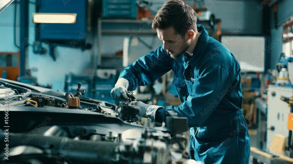 Aufkleber a dedicated mechanic focuses on detailed repairs of an engine in a well-equipped workshop. the envir