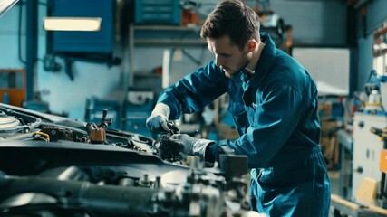 A dedicated mechanic focuses on detailed repairs of an engine in a well-equipped workshop. The environment buzzes with tools and equipment, showcasing professional craftsmanship.