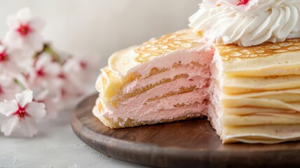 Rolled crepe cake with sakura cream, each slice revealing layers of soft cream and delicate pink hues