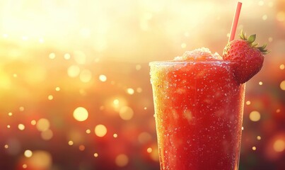 Strawberry frozen drink with a straw.