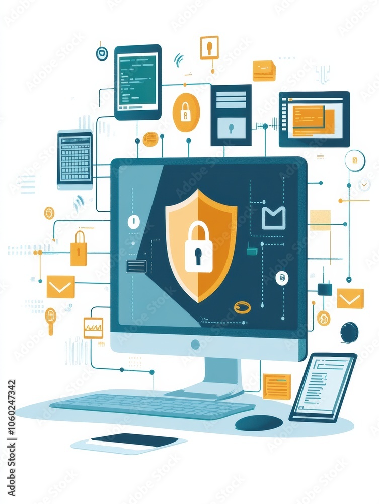 Poster the computer screen showcases a shield with a lock icon, representing digital security surrounded by