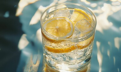 A glass of lemon soda with ice.