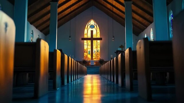 Crucifixion cross in an empty Chrestian church before prayer. The concept of the religion of Orthodoxy and Easter.