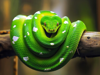 Fototapeta premium 2025 Year of the Wood Snake - a green snake symmetrical on a tree